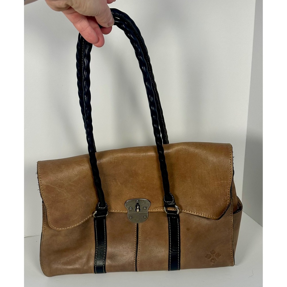 Patricia Nash Vienna Satchel Tan‎ Black Leather Braided Strap Purse Shoulder Bag